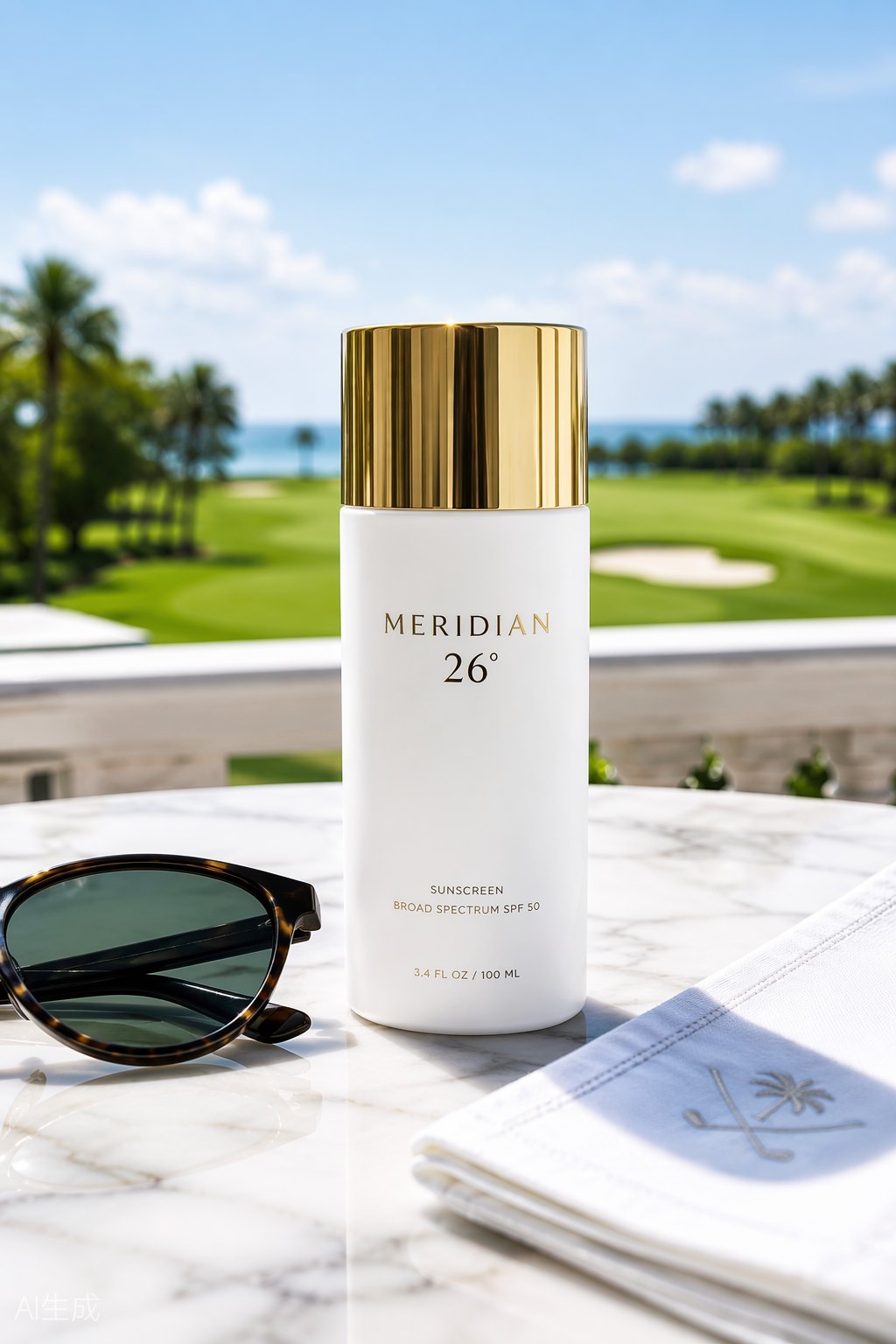 AI-generated skincare campaign photo — Meridian 26 sunscreen bottle on a marble table at a Naples golf course